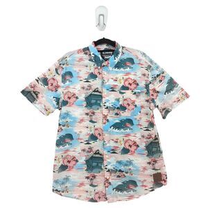 Neff Disney Men L Pleasure Island Shirt Pink Blue Pinocchio Hawaiian Aloha 2016